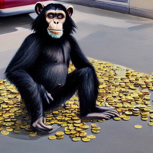 Prompt: a painting of a chimpanzee wearing a business suit picking up pennies on a street in manhattan, hyperrealistic