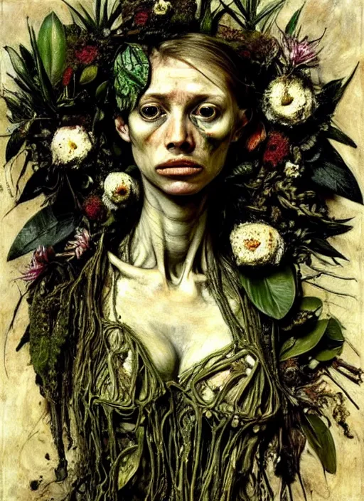 Image similar to beautiful and detailed rotten woman made of plants and many different types of flowers, muscles, intricate, organs, ornate, surreal, john constable, guy denning, gustave courbet, caravaggio, romero ressendi