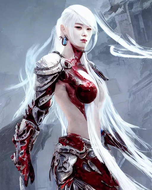 Prompt: lee jin - eun with white long hair in high - end damaged battle suit emerging from pool of blood in god of war 4 game set in ancient italy by peter andrew jones and conrad roset, rule of thirds, seductive look, beautiful