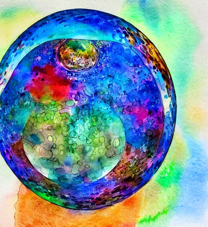 Image similar to a 1988 watercolor and ink and acrylic pour illustration of an intricate and faceted crystal ball with a world inside of it + impasto + dissolving in to light + prism + god rays + dramatic lightning + backlit + specular + caustics