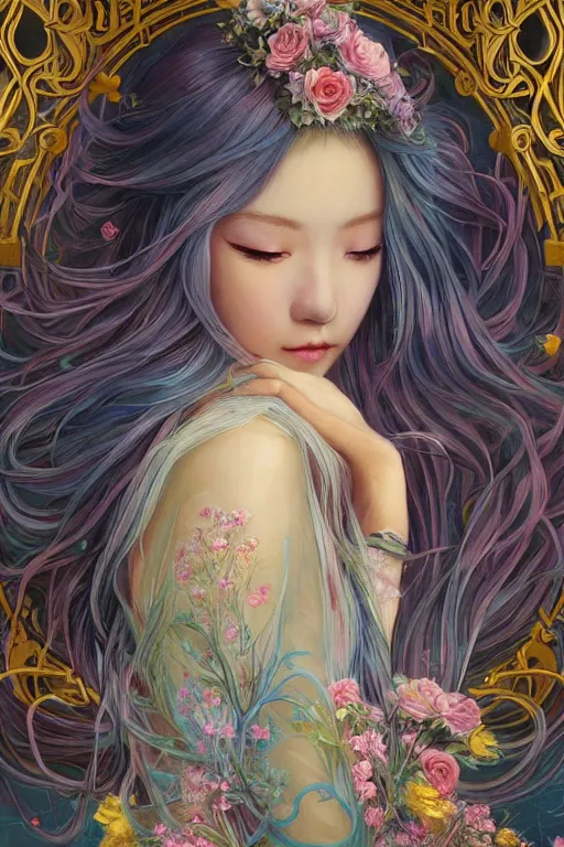 Image similar to breathtaking detailed painting by pilyeon and yuumei art of a full shot queen with long flowing bright blue hair, long dress and pastel flowers petals and golden tumultuous clouds, symmetrical facial features, at dawn in front of a pristine golden art nouveau cathedral, elegant, volumetric lighting, highly detailed, artstation, concept art, matte, sharp focus,