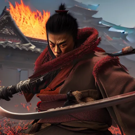 Prompt: japanese ninja boss inspired from sekiro shadows die twice near a camp fire, evening time, digital illustration, crisp details, highly detailed art, 8k image quality, intense atmosphere, full body camera shot