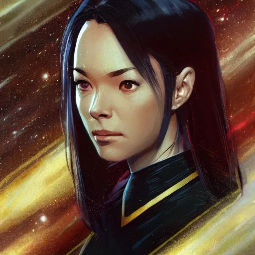 Image similar to female star trek captain, disney, finely detailed features, closeup at the face, perfect art, gapmoe yandere grimdark, trending on pixiv fanbox, painted by greg rutkowski makoto shinkai takashi takeuchi greg rutkowski, alphonse mucha, akihiko yoshida