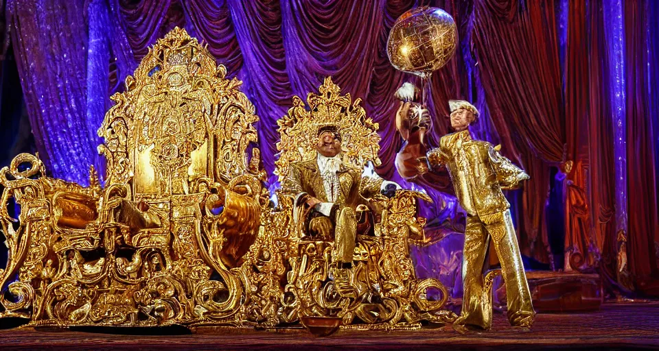 Image similar to shining majestic throne made of millions of diamonds, gold and zaphires with thousands of light reflections, and a clown on a suit is sitting on the throne while handing a globe, cartoon style, dramatic light