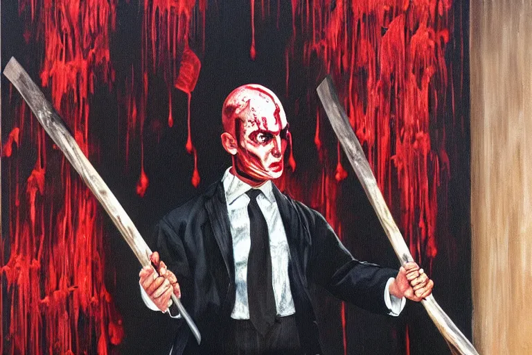 Prompt: Bald Patrick Bateman from American Psycho (2000) swinging an ax in with his hands while wearing a poncho covered in blood, hyperrealism painting, high quality