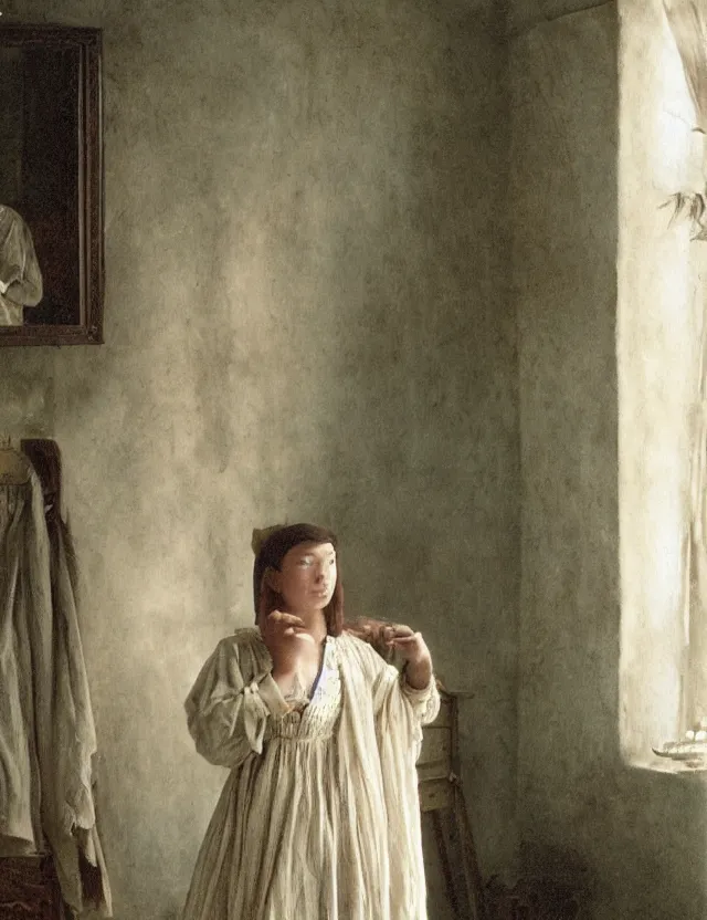 Prompt: peasant trying dress in front of a mirror, on a village, Cinematic focus, Polaroid photo, vintage, neutral colors, soft lights, foggy, by Steve Hanks, by Serov Valentin, by lisa yuskavage, by Andrei Tarkovsky 8k render, detailed, oil on canvas