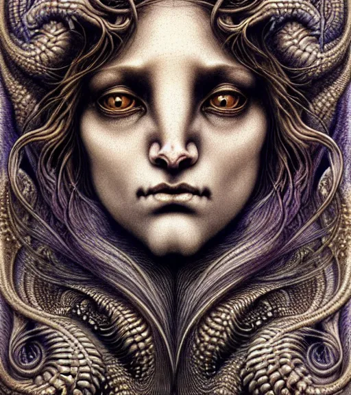 Image similar to detailed realistic beautiful werewolf goddess face portrait by jean delville, gustave dore, iris van herpen and marco mazzoni, art forms of nature by ernst haeckel, art nouveau, symbolist, visionary, gothic, neo - gothic, pre - raphaelite, fractal lace, intricate alien botanicals, ai biodiversity, surreality, hyperdetailed ultrasharp octane render