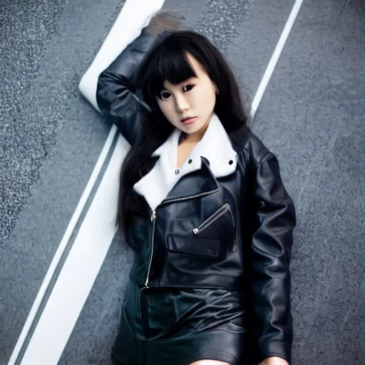 Image similar to an epic cinematic 8K HD movie shot of a japanese young J-Pop idol girl wearing leather jacket, miniskirt, nylon tights and high heels boots. Inspirational arthouse