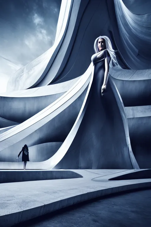 Prompt: a futuristic scene with an log silver haired beautiful woman in a white flowing dress, in front of a zaha hadid building, cinematic matte painting, extreme detail photo quality, dark moody colors, featured on behance