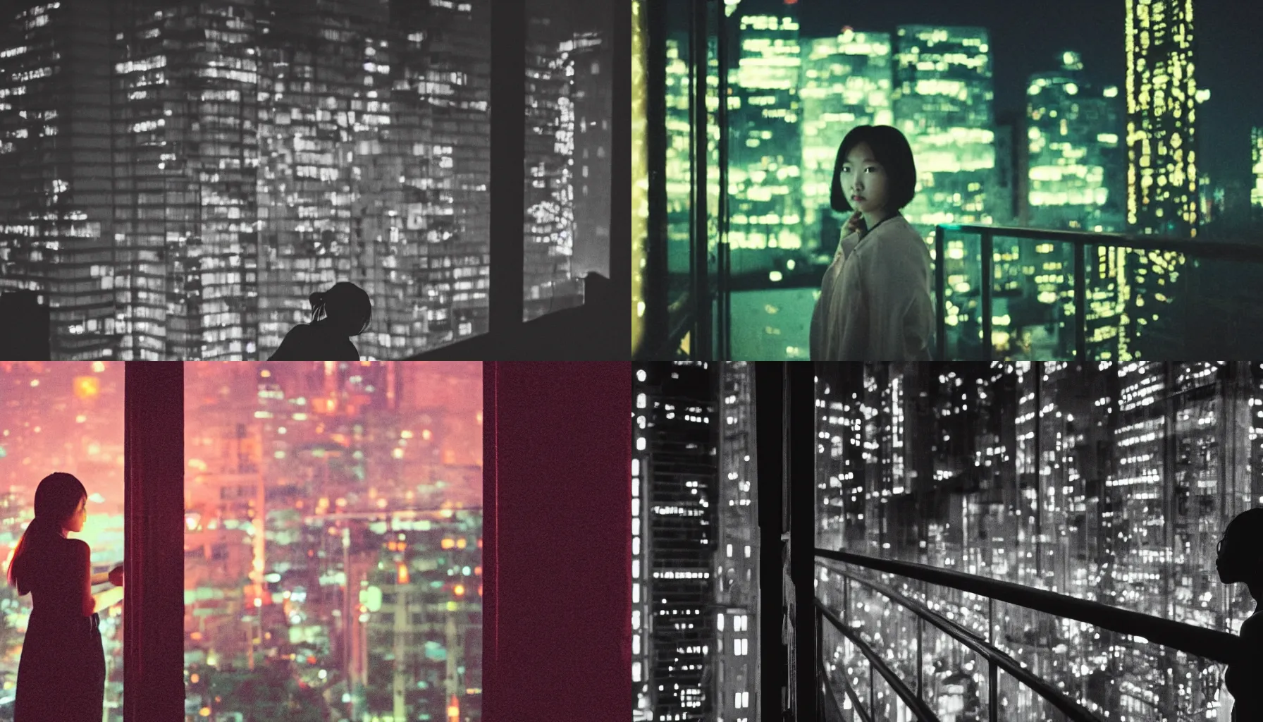 Prompt: wide film still, grainy, lo - fi aesthetic, asian woman overlooking street from her balcony, neon lights shining off face, glassy eyes, beautiful, artistic