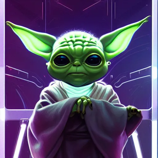 Image similar to symmetry!! portrait of baby yoda, sci - fi, tech wear, glowing lights!! intricate, elegant, highly detailed, digital painting, artstation, concept art, smooth, sharp focus, illustration, art by artgerm and greg rutkowski and alphonse mucha