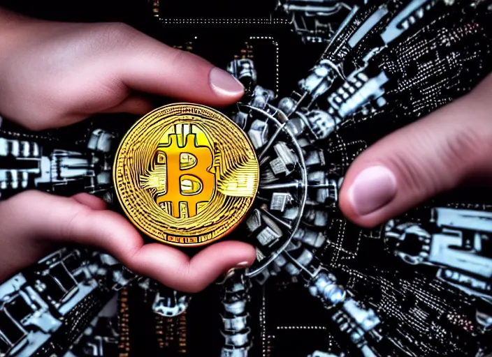 Prompt: mechanical cybernetic hand holding a pile of bitcoins. centered. horror cyberpunk. highly detailed 8 k. intricate. nikon d 8 5 0 3 5 mm. award winning photography.
