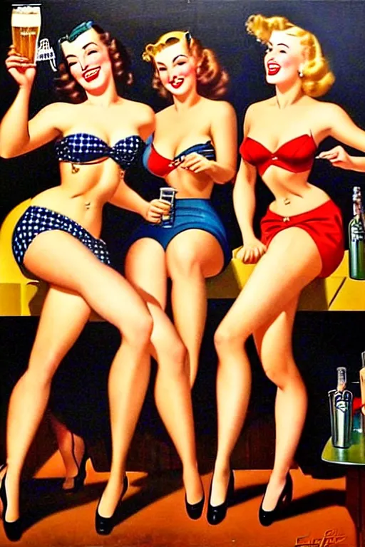 Prompt: 1940s group of pinup bikini girls drinking beer in a 1940s Aussie pub front bar with excited locals looking on, oil painting, by Gil Elvgren