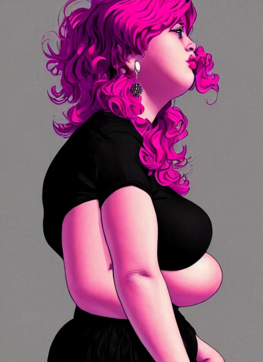 Image similar to full body portrait, teenage vanessa morgan, pink hair, obese, curly pixie hair, sultry, realistic, short hair, hoop earrings, skirt, shirt, fat, belly, black girl, intricate, elegant, highly detailed, digital painting, artstation, concept art, smooth, sharp focus, illustration, art by wlop, mars ravelo and greg rutkowski