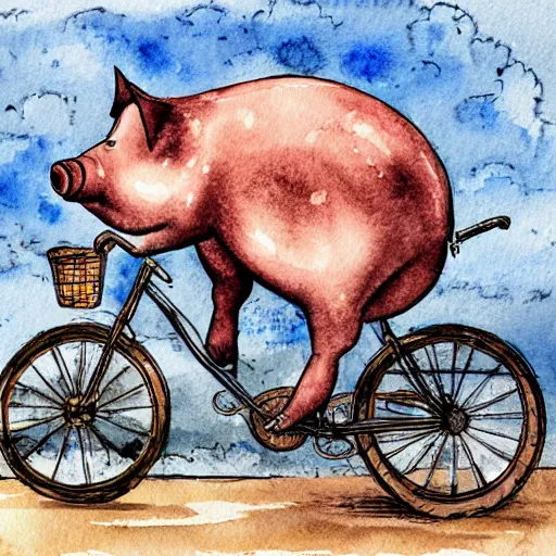 Image similar to a pig riding a bicycle on the road by the seaport,detailed watercolor pen ink illustration by bernini, key visual official media