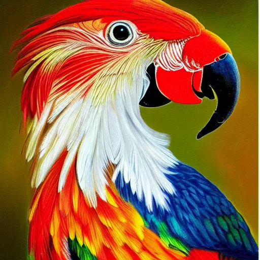Image similar to parrot rooster hybrid mixed bird detailed luminescent oil painting 4 k