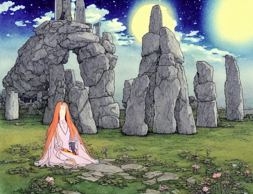 Prompt: a hyperrealist studio ghibli watercolor fantasy concept art of a giant long haired grey witch in lotus position sitting on top of stonehenge with a starry sky in the background. a ufo is in the sky. by rebecca guay, michael kaluta, charles vess