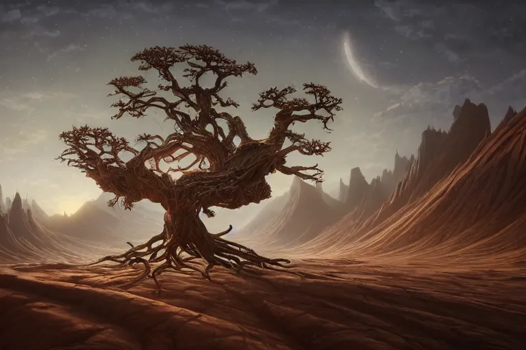 Prompt: cinematic fantasy landscape painting by jessica rossier, primordial and cosmic, desert valley of bones, an eclipse, over an autumn maple bonsai growing alone that is yggdrasil, on a desolate sand dune hr giger