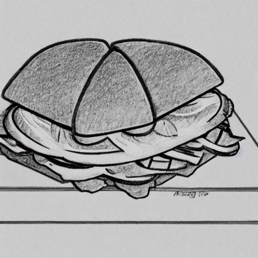 Prompt: line drawing of a pig in between two buns as a sandwich, outside art