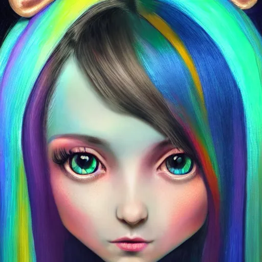 Image similar to an intelligent young girl with rainbow hair looking at the camera, she has a cute face, intricate, elegant, highly detailed, digital painting, artstation, concept art, smooth, sharp focus, illustration, art by mark ryden and gaston bussiere 3 d 8 k ultra detailed