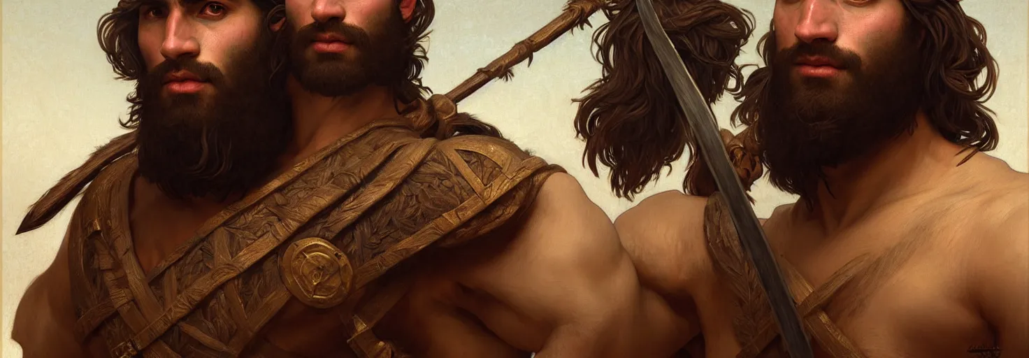 Prompt: renaissance upper body portrait of a gruff ranger with a spear, arab, lean and toned, handsome face, hairy chest, D&D, intricate, elegant, highly detailed, digital painting, artstation, concept art, matte, sharp focus, illustration, art by da Vinci, Artgerm and Greg Rutkowski and Alphonse Mucha