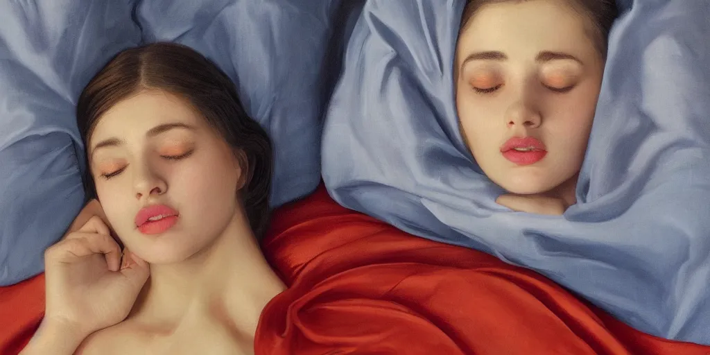 Prompt: beautiful oil matte portrait painting, young woman with closed eyes lying on a red bedsheet with blue pillows wearing a mustard yellow dress, detailed face, wonderful masterpiece, highly detailed, beautiful cinematic light, deep focus, elegant, digital painting, smooth, sharp focus, golden ratio, dramatic illumination, ultra realistic, 8 k, art by jimmy law and caravaggio