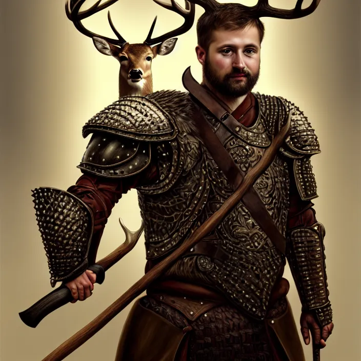 Image similar to portrait of a man with the head of a deer wearing a leather armor holding a pair of axe, subject in the center of the frame, wide angle shot, diffuse lighting, fantasy, intricate, elegant, highly detailed, lifelike, photorealistic, digital painting, artstation, illustration, concept art, smooth, sharp focus, art by John Collier and Albert Aublet and Krenz Cushart and Artem Demura and Alphonse Mucha