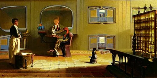 Image similar to time-travelling magician coding a new server architecture on a computer, intricate oil painting by Carl Spitzweg