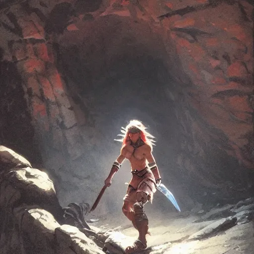 Prompt: a beautiful painting of a lone female barbarian emerging from a cave entrance with one arm raised, cinematic lighting by gerald brom and greg rutkowski,