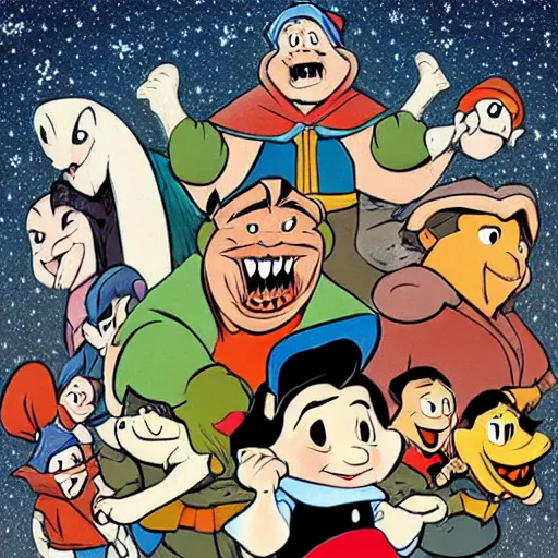 Image similar to snow white and the seven dwarfs, artwork by skottie young