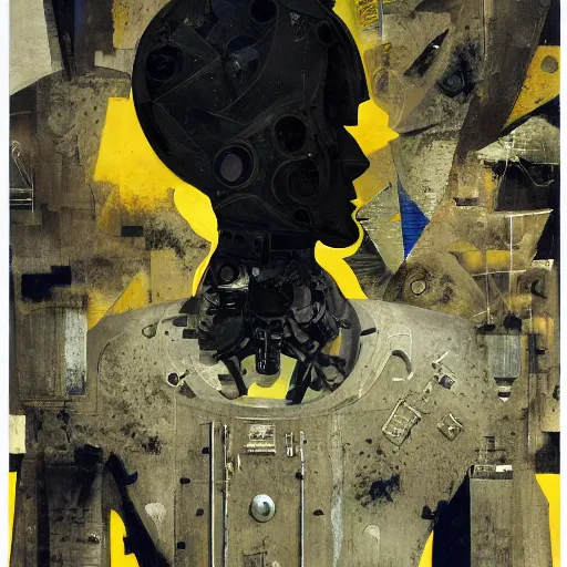 Image similar to a robot kerberos in yellow noir without memory nor feelings, althoughbhe believes he is a god, oil on canvas by dave mckean and james jean