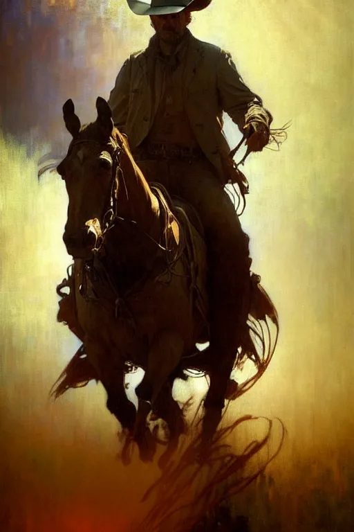 Image similar to hyperrealist portrait of a cowboy driving a stage coach by jeremy mann and alphonse mucha, fantasy art, photo realistic, dynamic lighting, artstation, poster, volumetric lighting, very detailed faces, 4 k, award winning