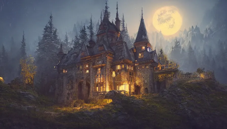 Image similar to Beautiful castle in the heart of the forest and sbow-capped mountains at night, hyperdetailed, artstation, cgsociety, 8k