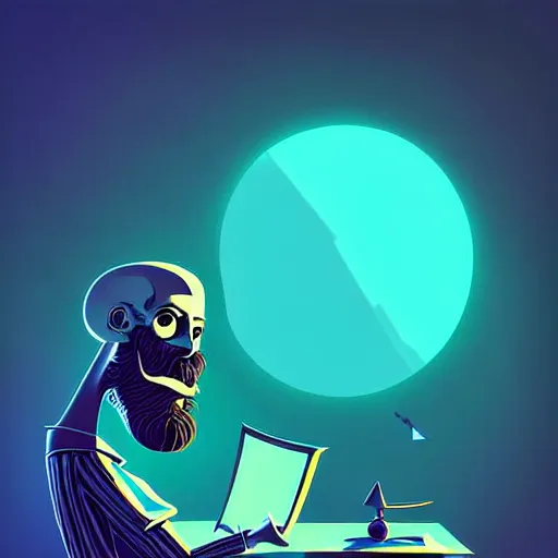 Image similar to curled perspective digital art of curly grey hair bearded man using a computer by anton fadeev from nightmare before christmas