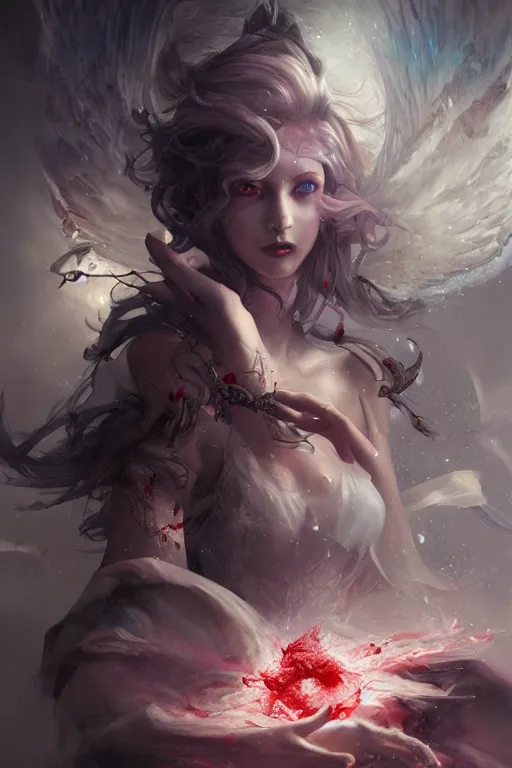 Image similar to beautiful girl sorcerer exploding with blood and ice, casting magic spell, angel, fantasy, magic the gathering, hyper detailed, 3 d render, hyper realistic detailed portrait, peter mohrbacher, wlop, ruan jia, luis royo