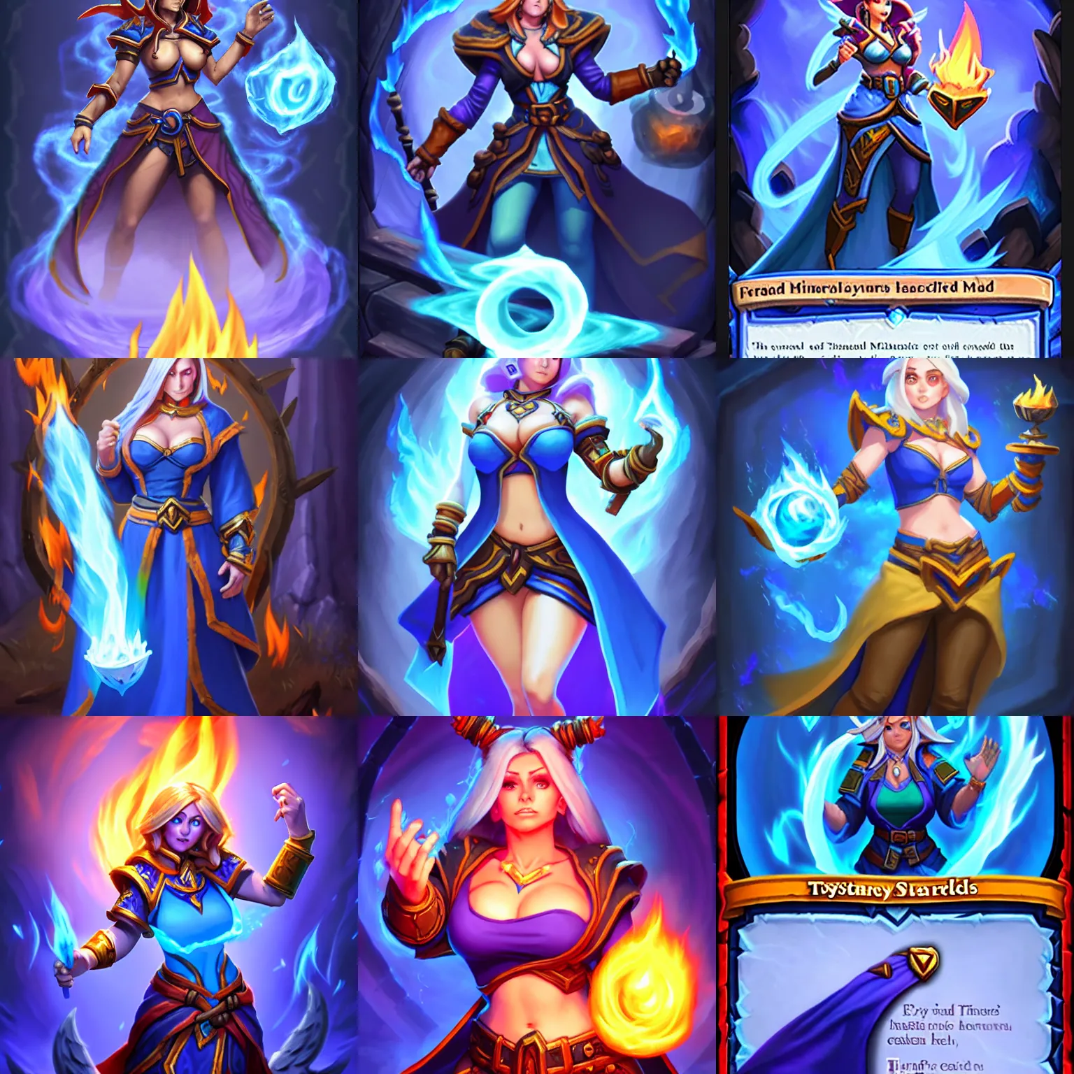 Prompt: Physical : tinyest midriff ever, largest haunches ever, fullest body, small head, SFW huge breasts; Who : a female mage with a blue robe casting a fire spell; Ultra important : Hearthstone official splash art, SFW, perfect master piece, award winning
