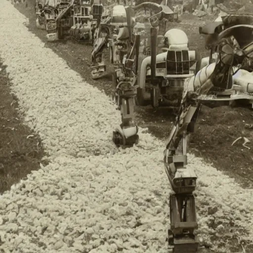 Prompt: robots working in the cotton field , 1824 , old photograph , 4k , HD