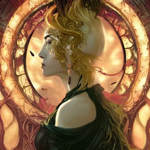 Prompt: breathtaking epic fantasy comic book style portrait of a sensual female sorceress, castle setting, horror movie lightning, intricate, elegant, highly detailed, digital painting, artstation, concept art, matte, sharp focus, illustration, art by Artgerm and Hsiao-Ron Cheng and Alphonse Mucha, extremely moody lighting, hyperrealistic, octane render, RPG portrait, ambient light, dynamic lighting