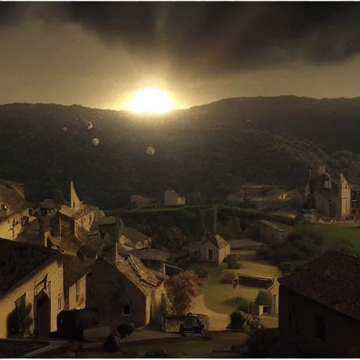 Image similar to dark solar eclipse, above a village, highly detailed, studio 4 k quality, by vittorio matteo corcos