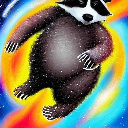 Image similar to fat raccoon skating through space, colorful, realistic, photorealism