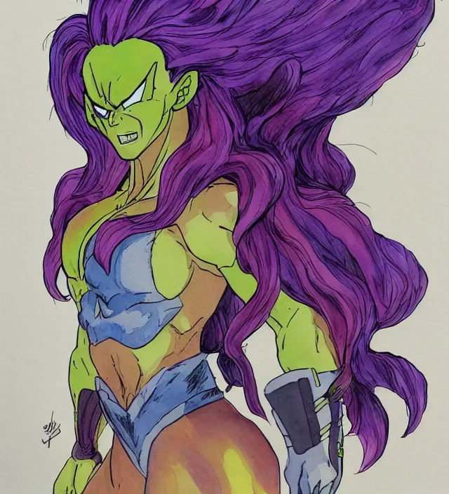 Image similar to a 3 / 4 view watercolor ink painting of daphne isabella blake as broly in the style of jean giraud in the style of moebius trending on artstation deviantart pinterest detailed realistic hd 8 k high resolution