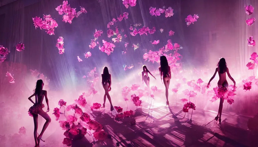 Image similar to victoria secret runway show, light, shadows, reflections, flowers, epic composition, intricate, elegant, volumetric lighting, digital painting, highly detailed, artstation, sharp focus, illustration, concept art, ruan jia, steve mccurry, artgerm and mina petrovic and timothy kong and marina federovna