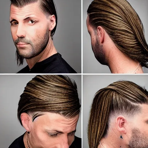 Image similar to epic mullet. hairstyle photography.