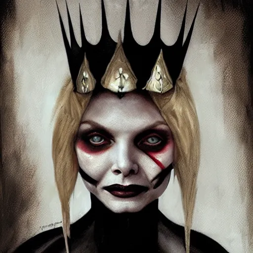 Image similar to portrait of Michelle Pfeiffer as evil vampire queen shoeing her sharp teeth wearing a dark crown by Tom Bagshaw and Guy Denning