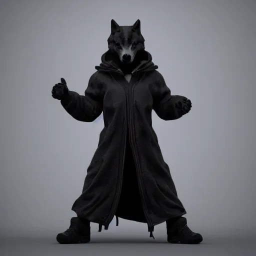 Image similar to Wolf dressed black hoodie, as a figurine, octane render, unreal engine, 3D rendering, studio, light, artstation