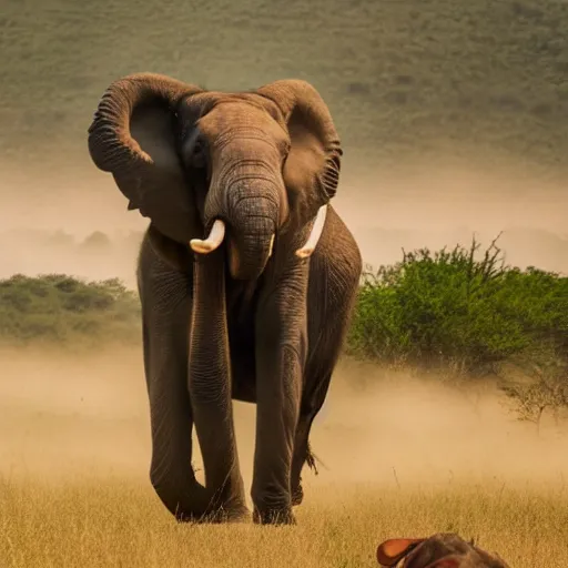 Image similar to film still, extreme wide shot of an tribal african man riding an elephant alone on the savannah, extreme long shot, 4 k, award winning