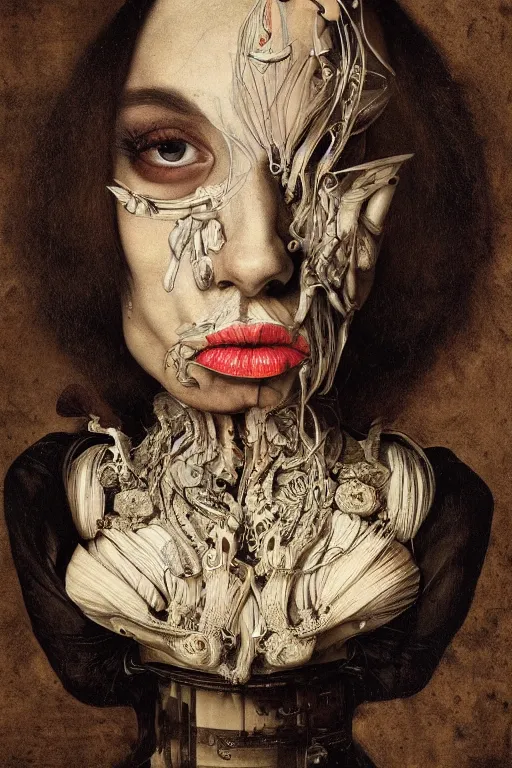 Prompt: Detailed maximalist portrait with large lips and with large eyes, sad expression, anatomical, HD mixed media, 3D collage, highly detailed and intricate illustration in the style of Caravaggio, dark art, baroque