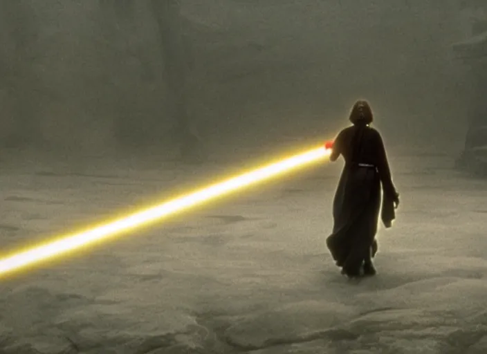 Image similar to epic still of luke skywalker using lightsaber in foggy environment, approaching an ancient temple in the distance, female sith lord in the distance, iconic scene from the 1980s film directed by Stanley Kubrick, cinematic lighting, kodak film stock, strange, hyper real, stunning moody cinematography, with anamorphic lenses, crisp, detailed portrait, 4k image