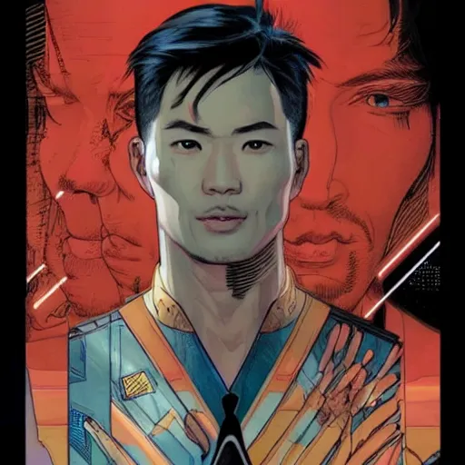 Image similar to portrait of a asian male android, by MARVEL comics and Sandra Chevrier