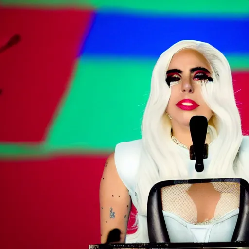 Image similar to Lady Gaga as president, Argentina presidential rally, Argentine flags behind, bokeh, giving a speech, detailed face, Argentina